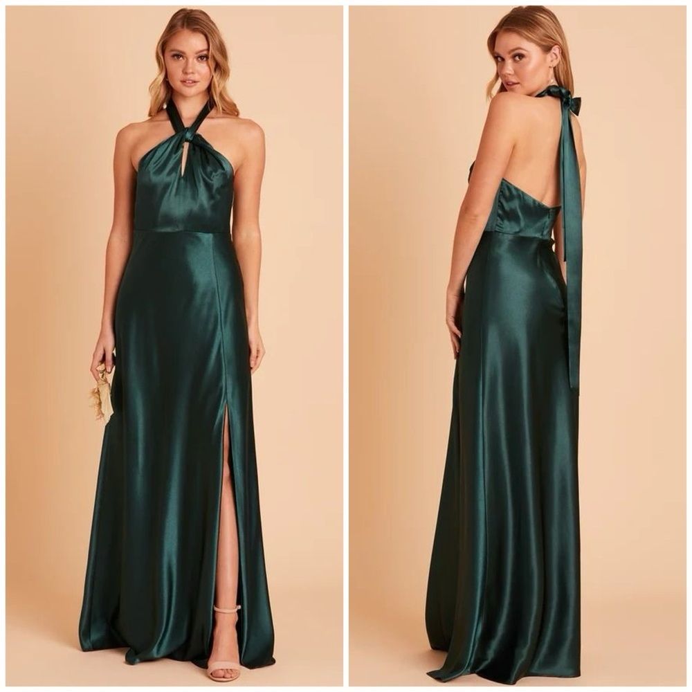 NEW Birdy Grey Monica Emerald Green Halter Satin Bridesmaid Maxi Dress Medium